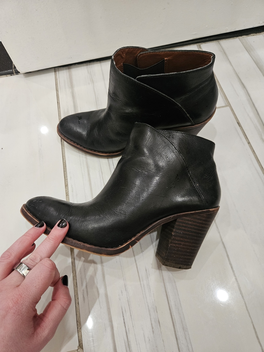 Lucky Brand Black Leather Ankle Booties with Stacked Heel